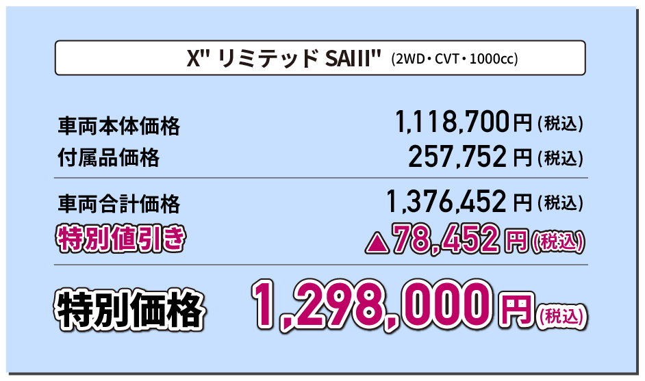 X"リミテッド SAⅢ"(2WD・CVT・660cc) 特別価格1,298,000円(税込)